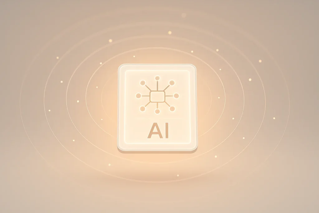 A single central object: a sleek glowing AI neural chip shaped like a summary card, emitting concentric rings and subtle dot indicators representing s...