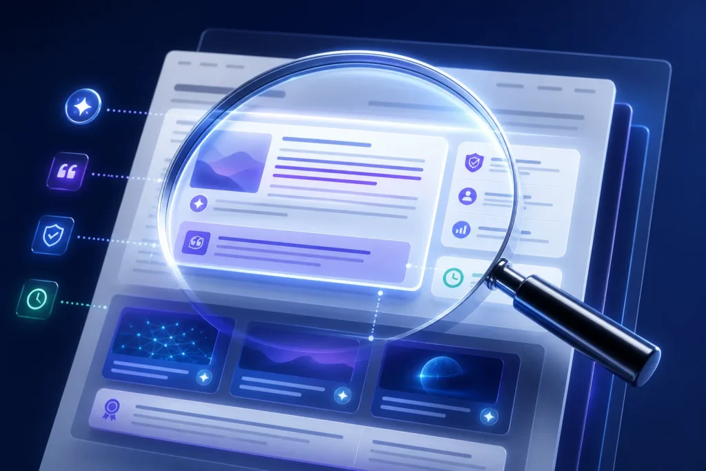 A sleek glass magnifying lens hovering over a glowing layered webpage, with highlighted content blocks, citation symbols, authority badges, freshness...