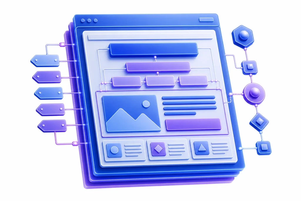 Create a clean editorial illustration of a single glowing webpage blueprint object, showing layered HTML structure, nested heading blocks, schema node...