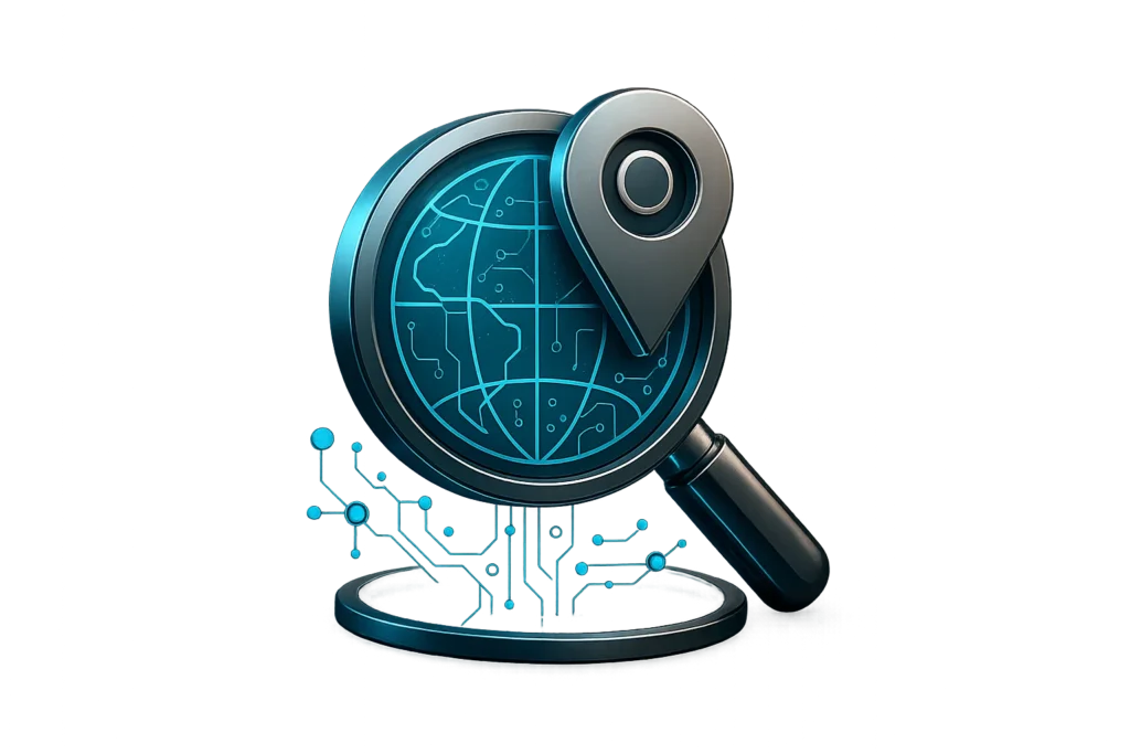 Futuristic emblem merging a globe and magnifying lens with integrated map pin to represent SEO vs GEO in 2026. Sleek metallic and glass surfaces, neon...