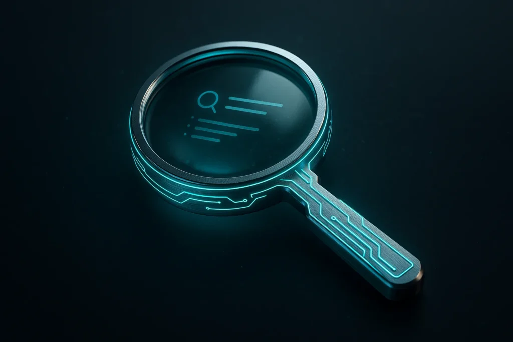 Futuristic magnifying glass made of brushed metal and glowing circuitry, hovering over a minimalist dark background; subtle holographic search-result...