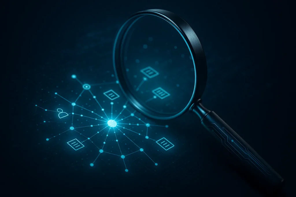 Single-object composition: a sleek magnifying glass hovering over a glowing knowledge-graph node, node formed of interconnected dots and schema-like i...
