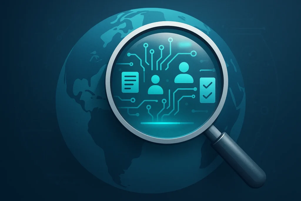 Single realistic magnifying glass hovering over a stylized digital globe, glass lens revealing layered elements: circuit traces, content nodes, entity...